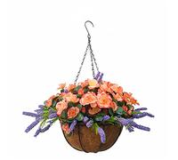Indoors And Outdoors Champagne Rhododendron Fake Silk Flowers DIY Artificial Flowers Azalea And Purple Lavender Beautiful Chain Hanging Basket With Flower Pot (Medium Basket)