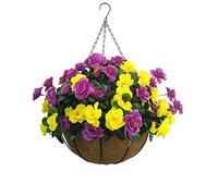 Indoors And Outdoors Decoration Artificial Big Azaleas Yellow And Purple Silk Flowers Plant Cute DIY Chain Hanging Basket With Flower Pot (Medium Basket)