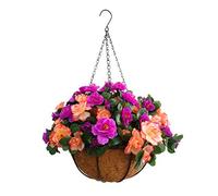 Indoors and Outdoors Silk Flowers Chain Hanging Basket Flowerpot Fake Flower DIY Artificial Flowers Azalea Champagne and Purple (Medium Basket)