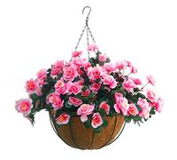 Indoors and Outdoors Silk Pink Flowers Chain Hanging Basket with Flowerpot Fake Rhododendron DIY Artificial Flowers Azalea (Medium Basket)