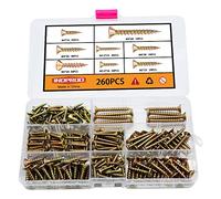 Indprod M3.5 M4 M5 Flat Head Wood Screws Assortment Kit 260 Pcs,Phillips Drive Countersunk Flat Head Self-Tapping Wood Screws,Yellow Zinc Plated Finish Screw Kit,Screws for Metal,Full Thread Screw Set
