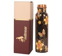 INDTRESOR Pure Copper Water Bottle - Handcrafted - Ayurveda health benefits - Large 35 oz - Leak proof - Easy to carry for Sports, Fitness, Yoga, School - Black Base Floral Textured Colorful Enamel