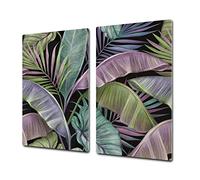 Induction Cooktop Cover Kitchen Board - Impact and Heat Resistant Glass Pastry Board; Measures: Single: 60 x 52 cm (23,62” x 20,47”); Double: 30 x 52 cm (11,81” x 20,47”); D31 Tropical Leaves Series