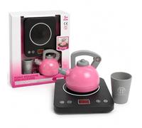 Induction Hob Play Set with Real Lights and Sounds, Water Kettle and Blue Pink Tumbler, Mocha Coffee Maker, Simulator Toy Kitchen Appliances, Kids Toy (Pink)