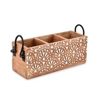 Indus Lifespace Mango Wood 3 Compartment Multi Purpose Utensil Cutlery Racks for Cutlery, Napkins, Cups Caddy Organizer (27.94cm x 10.16cm x 11.43cm)