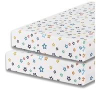 INDUS TEXTILES 2 x Cot Bed Sheets Super Soft Breathable Polycotton Fitted Cot Sheet 60 x 120 cm (Multi Star White)