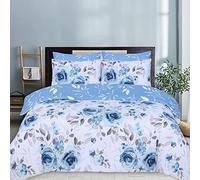 Indus Textiles Duvet Cover Set - 100% Soft Cotton Floral Pattern Reversible Duver Cover With Pillowcases - Roses Blue - Double