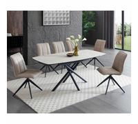 Indus Valley Skylar Ceramic Extending Dining Table Set 120-180 Cm, 6 Taupe Faux Leather Chairs, Black Iron Legs, Seats 6-8