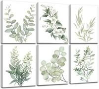 Induslyfe Framed Eucalyptus Sage Green Botanical Plant Wall Art Canvas Decor Set of 6, Nature Wall Art Prints Posters, Flower Wall Art for Bathroom Bedroom Living Room 9x12