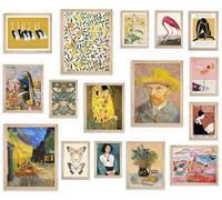 Induslyfe Framed Retro Wall Art Prints Decor Canvas, Vintage Preppy Eclectic Maximalist Decor Aesthetic Boho Gallery Wall Prints for Bedroom, Farmhouse Rustic French Country Botanical Paintings,16 Pcs