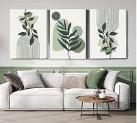 Induslyfe Large Framed Boho Canvas Wall Art Set of 3, Mid Century Modern room Decor, Minimalist Sage Green Botanical Boho Bathroom wall art 18x24 Abstract Geometric Canvas Prints Ready To Hang Bedroom