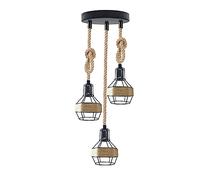 Industrial 3 Head Hemp Rope Pendant Light 16cm Wire Cage Lampshade Retro Style Ceiling Light Shade Fitting with E27 Edison Hanging Fixture for Living Room, Kitchen Island, Cafe
