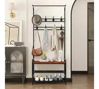 Industrial 4-in-1 Hall Tree Coat Rack Entryway Furniture with 3-Tier Shoe Bench, 8 Removable Hooks Space-Saving Organizer Coat and Shoe Rack for Hallway, Apartment or Bedroom Steel Frame Vintage