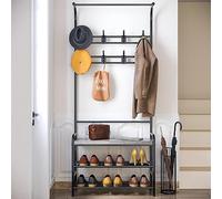 Industrial 4-in-1 Hall Tree Coat Rack Entryway Furniture with 3-Tier Shoe Bench, 8 Removable Hooks Space-Saving Organizer Coat and Shoe Rack for Hallway, Apartment or Bedroom Steel Frame Vintage