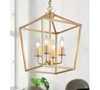 Industrial 4 Lights Chandelier, Gold Lantern Ceiling Light Fixtures with Rustic Metal Cage Adjustable Height Farmhouse Geometric Hanging Light for Kitchen Island, Dining Room, Entryway, UL Listed