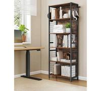 Industrial 6-Tier Bookcase With 4 Hooks, Freestanding Storage Shelf For Living Room, Bedroom, Study And Office, Rustic Brown