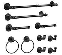 Industrial Bathroom Hardware Set 10 Pieces Bath Towel Bar Set Includes Round Towel Ring Hand Toilet Roll Holders for Wall 18 and 25 inch Towel Rack Robe Towel Hooks Black Bathroom Accessory Towel Kit