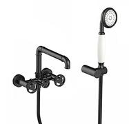 Industrial Bathtub Faucet with Handheld Shower Tub Filler Faucet Wall Mount Bath Mixer Tap Brass Bathtub Tap 180° Rotatable Tub and Shower Faucet, 2 Handles 2 Holes,Gold (Black A)