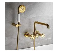Industrial Bathtub Faucet with Handheld Shower Tub Filler Faucet Wall Mount Bath Mixer Tap Brass Bathtub Tap 180° Rotatable Tub and Shower Faucet, 2 Handles 2 Holes,Gold (Black A)