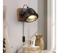 Industrial Black Wall Lamp with Cord Vintage Decorative Mounted Fixture with Plug in Switch Included Gu10 Bulb ,Farmhouse Bedrooms Living Room Lighting , Retro Shade Corded Wood Metal Sconce Light