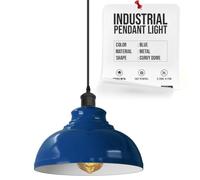 Industrial Blue Pendant Ceiling Light Metal Light Shade E27 Hanging Lamp | Retro Easy Fit 29cm Curvy Dome Lamp Shade Adjustable 95cm Cable for Kitchen Island Dining Bedroom Cafe Bar (Blue/Inner White)