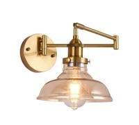 Industrial Brass Finish Adjustable Swing Arm Wall Sconce with Amber Glass Cone Shade E26 Base for Bedroom Bedside Living Room Reading Light.