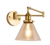 Industrial Brass Finish Adjustable Swing Arm Wall Sconce with Amber Glass Cone Shade E26 Base for Bedroom Bedside Living Room Reading Light.
