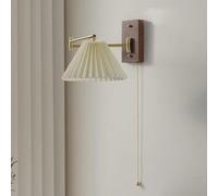 Industrial Brass Swing Arm Wall Light with Switch - Vintage Wooden Hanging Lamp for Bedroom Living Room Hallway - Adjustable Long Arm Design with Pleated Fabric Shade