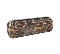 Industrial Brick Wall Background Printed Leather Pencil Case Cute Stationery Organizer Round Makeup Bag Pen Pouch, Silver Zipper