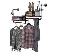 Industrial Clothes Rail Wall Mounted With Wood Shelf Wall Coat Hanger, For Clothing Store Bedroom,Iron Black Garment Rack