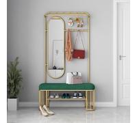 Industrial Coat Rack Bench with Removable Hooks Mirror & Shoe Stand - Stylish Metal Hall Tree for Entryway & Hallway (Green 80x37x180cm)