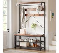 Industrial Coat Rack Shoe Bench with 8 Hooks & 2-Tier Storage Shelf - Space-Saving Hall Tree for Entryway Living Room Bedroom - Removable Metal Frame Brown