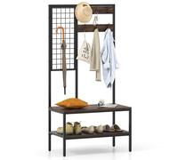 Industrial Coat Rack With Shoe Bench And Wall Grid Panel For Entry Way Gymax Brown One Size