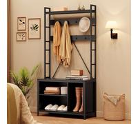 Industrial Coat Rack with Shoe Storage | Heavy Duty Wooden Hall Tree Stand for Hallway, Entryway | 12 Hooks, Shoe Bench & Shelves | Space Saving Storage Unit for Small Spaces (93x35x178cm) - Black