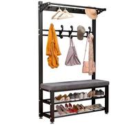 Industrial Entryway Coat Rack Shoe Bench with 11 Hooks & 2-Tier Storage Modern Hall Tree for Living Room & Bedroom Stylish Black Fur Design Space-Saving