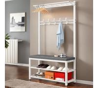 Industrial Entryway Coat Rack & Shoe Bench11 Hooks 2Tier Storage for Living Room & BedroomStylish Hall Tree Furniture White 12.9"D SpaceSaving Design