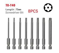 Industrial-Grade 8pc Torx Bit Set - 75mm Alloy Steel Bits, 60HRC Hardness, Magnetic, 1/4" Hex Shank, Compatible with Power Tools and Hand Drivers