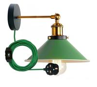 Industrial Green Plug in Wall Light Fixture, Vintage 2m Fabric Cable 3 Pin With Dimmer Switch Wall Mounted Sconce Adjustable Arm 180º E27 Base Antique Retro Metal 22cm Shade (Green, With Bulb)