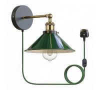 Industrial Green Plug in Wall Light Fixture, Vintage 2m Fabric Cable 3 Pin With Dimmer Switch Wall Mounted Sconce Adjustable Arm 180º E27 Base Antique Retro Metal 22cm Shade (Green, With Bulb)