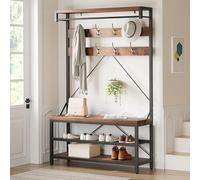 Industrial Hall Tree Coat Rack With Bench, Freestanding Entryway Organizer With 8 Hooks, Bar And 3-tier Shoe Storage Shelf, Metal Frame For Entryway And Bedroom Rustic Brown