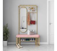 Industrial Hall Tree with Mirror and Bench, Free Standing Coat Rack with Entryway Storage Shelf for Living Room and Hallway Organization