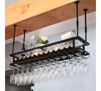Industrial Hanging Wine Rack With Lights Adjustable Metal Ceiling Wine Glass Holder & Shelf, 2 Layer Bottle Storage For Home Bar, Kitchen, Dining Room Decor