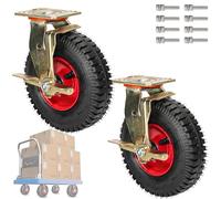 Industrial Heavy Duty Pneumatic Rubber Caster Set 8/10 Inch Pack Of 6 Swivel Brake Fixed(Brakes,200Mm/8In)