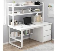 Industrial Home Office Desk with Hutch & Bookshelf 47" White Writing Table Workstation with 3 Drawers - Modern Computer Desk for Home & Office Use