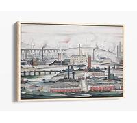 Industrial Landscape People Ls Lowry Style Canvas Floater Frame Print Picture Art - Light Oak Frame 36 inch wide x 24 inch high