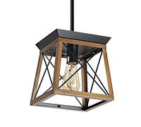 Industrial Metal Cage Chandelier Foyer 8.2Inch Oak Wooden Finish Hanging Ceiling Porch Lighting Fixture Lantern Lamp for Hallway Dining Room Light/B/a