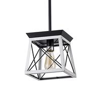 Industrial Metal Cage Chandelier Foyer 8.2Inch Oak Wooden Finish Hanging Ceiling Porch Lighting Fixture Lantern Lamp for Hallway Dining Room Light/C/a