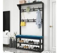 Industrial Metal Coat Rack with Shoe Bench - 11 Hooks 2-Tier Shoe Storage Hall Tree for Entryway Easy Assembly Sturdy Design 60x30x172CM Modern Home