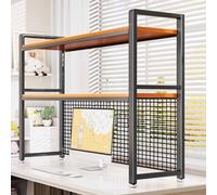 Industrial Metal Desk 3 Tier Freestanding Bookcase with Grid Panel Wrought Iron Shelf for Home Office Storage and Display Stylish Desktop (95cm)