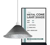 Industrial Metal Lamp Shade 22cm Wide, 10cm Height, Brushed Silver Vintage Cone Pendant Light Cover, Modern Retro Ceiling Lighting for Kitchen, Dining Room Easy Fit Light Shade
